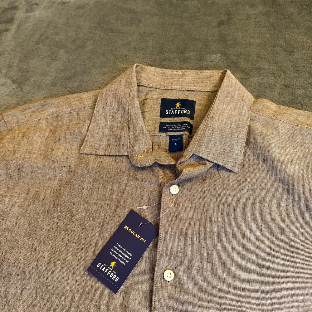 Stafford Regular Fit Button Up Shirt Mens Large Wagon Brown Linen Blend NWT
